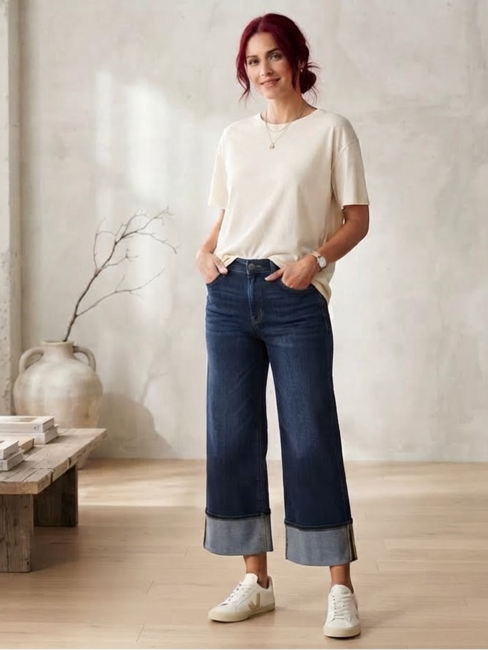 HALARA Dark Blue Wide Crop Jeans with Cuffed Hem
